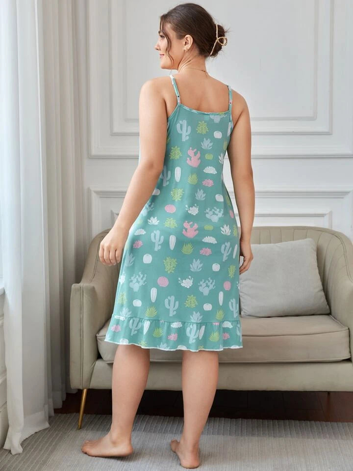 Plus Size Cactus Print Ruffle Hem Cami Nighty for Women