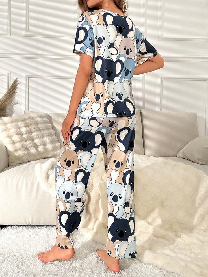Animal Graphic Contrast Binding Pajama Set
