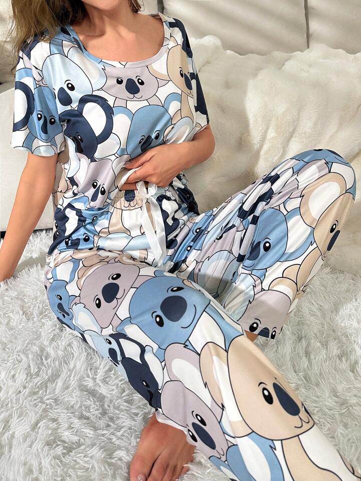 Animal Graphic Contrast Binding Pajama Set