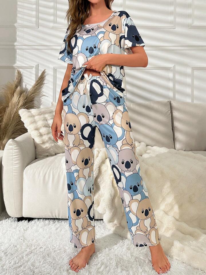 Animal Graphic Contrast Binding Pajama Set
