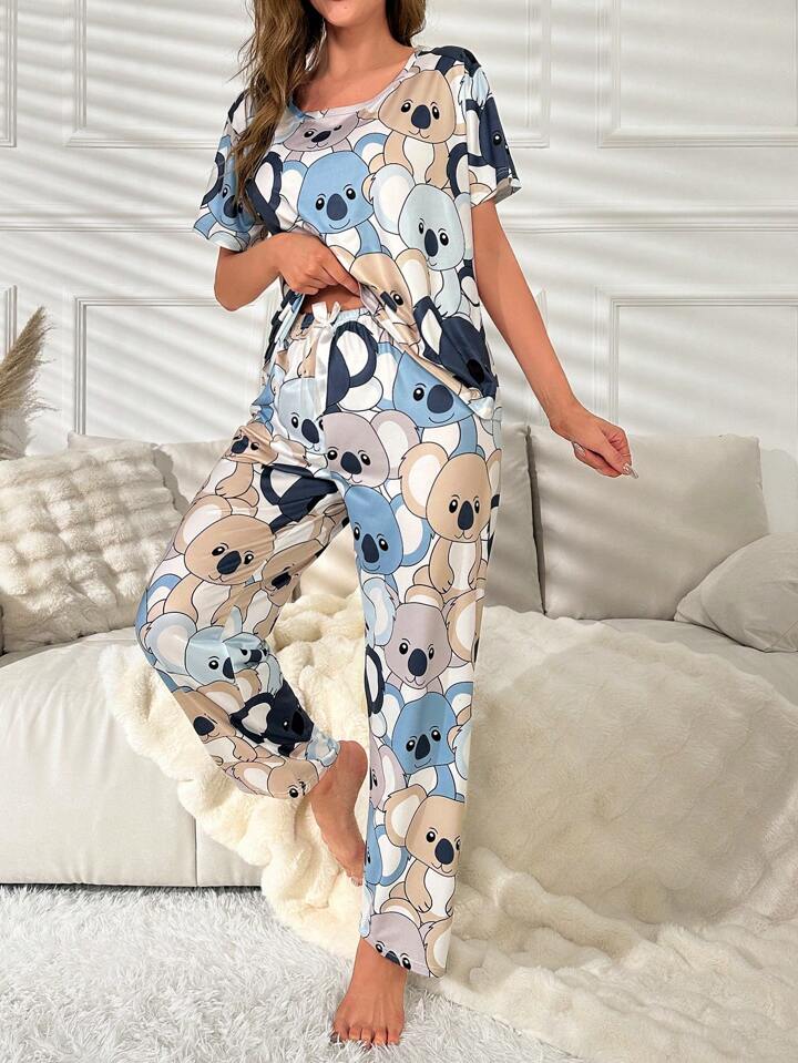 Animal Graphic Contrast Binding Pajama Set