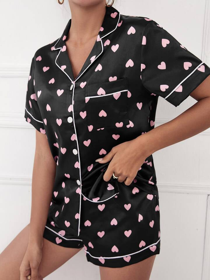 Black Heart Printed Short Set for Women