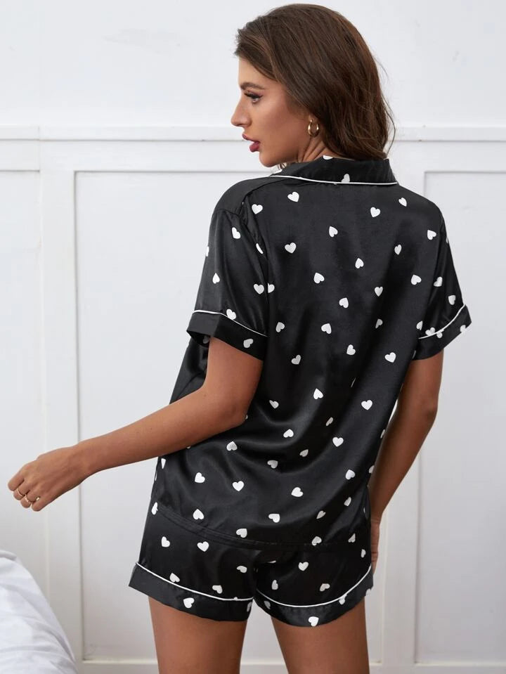 Black Heart Printed Short Set for Women
