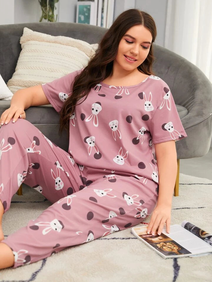 Bunny Graphic Printed T-shirt And Long Pajama Set