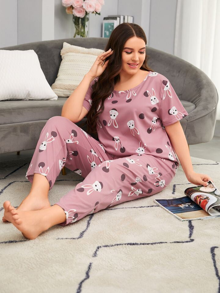 Bunny Graphic Printed T-shirt And Long Pajama Set