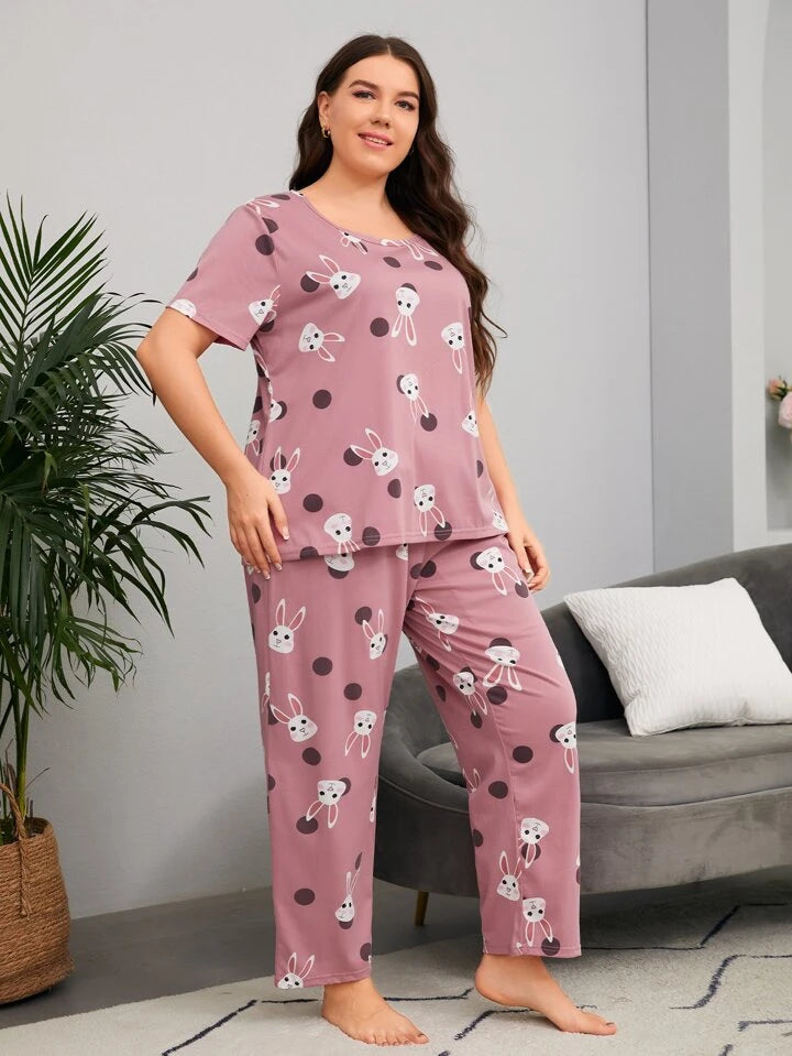 Bunny Graphic Printed T-shirt And Long Pajama Set