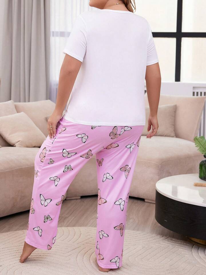 Butterfly Graphic Printed T-shirt And Long Pajama Set
