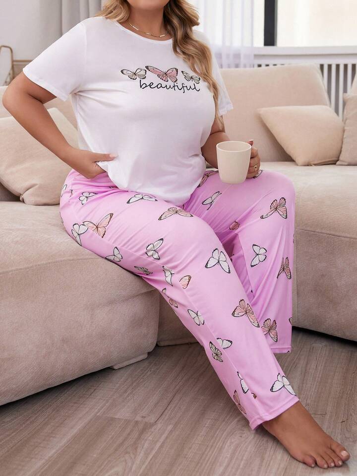 Butterfly Graphic Printed T-shirt And Long Pajama Set