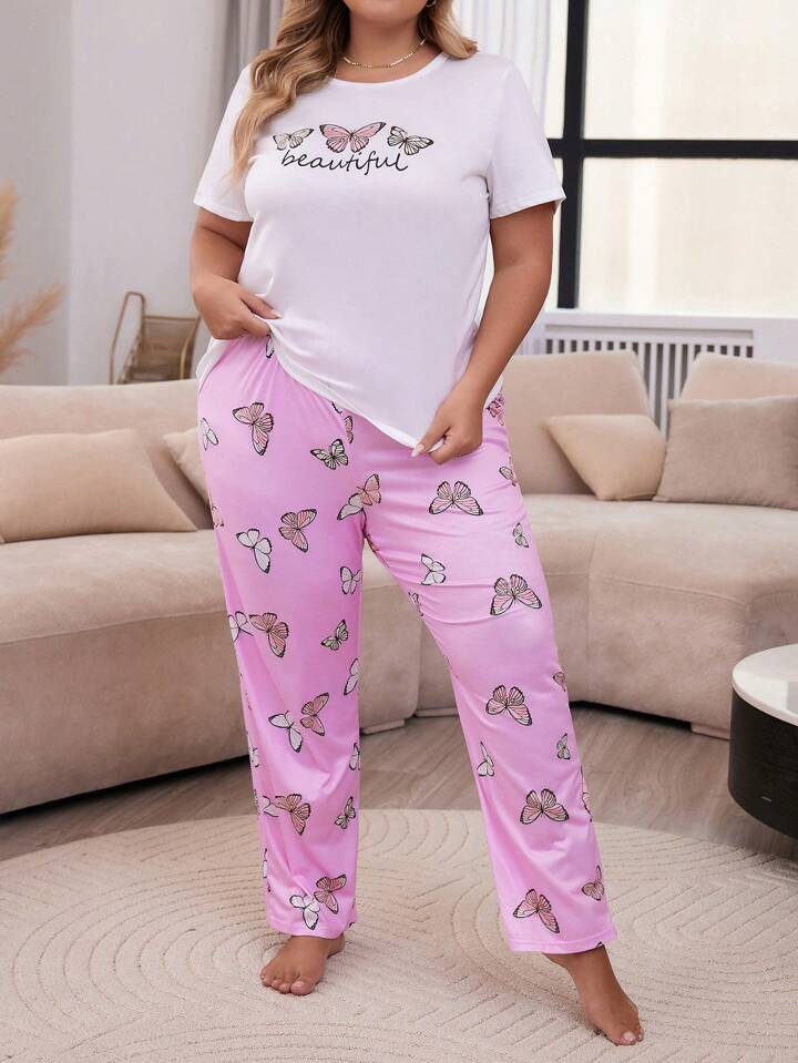 Butterfly Graphic Printed T-shirt And Long Pajama Set