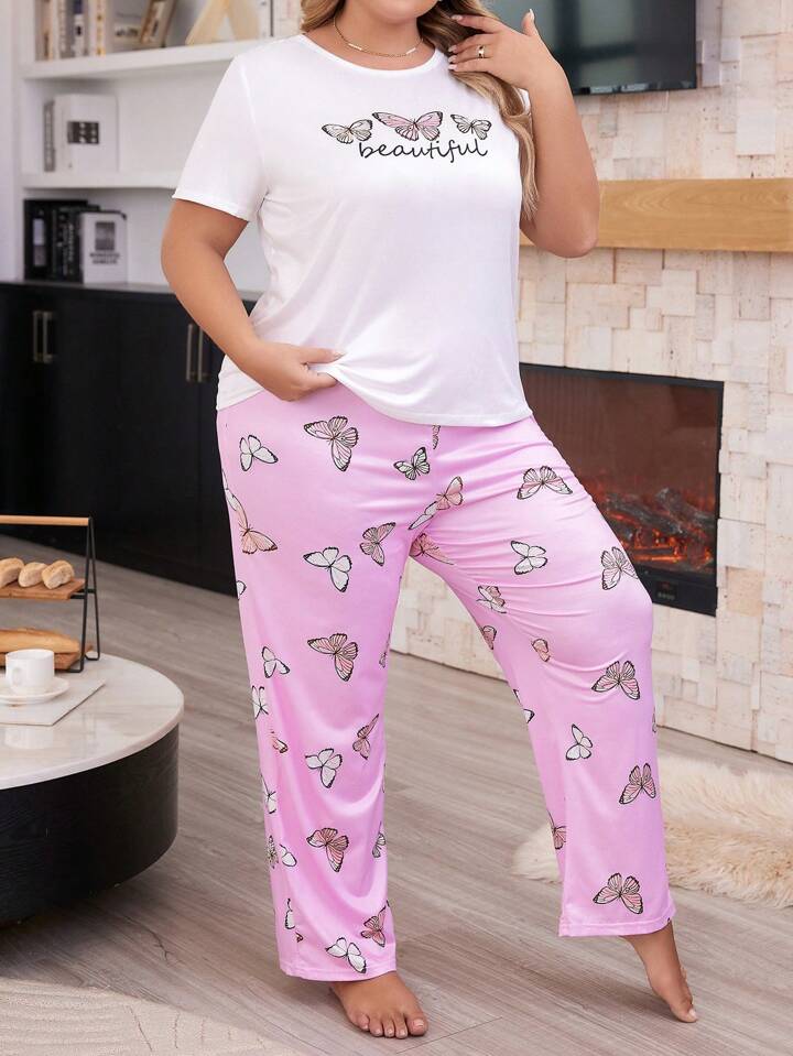 Butterfly Graphic Printed T-shirt And Long Pajama Set