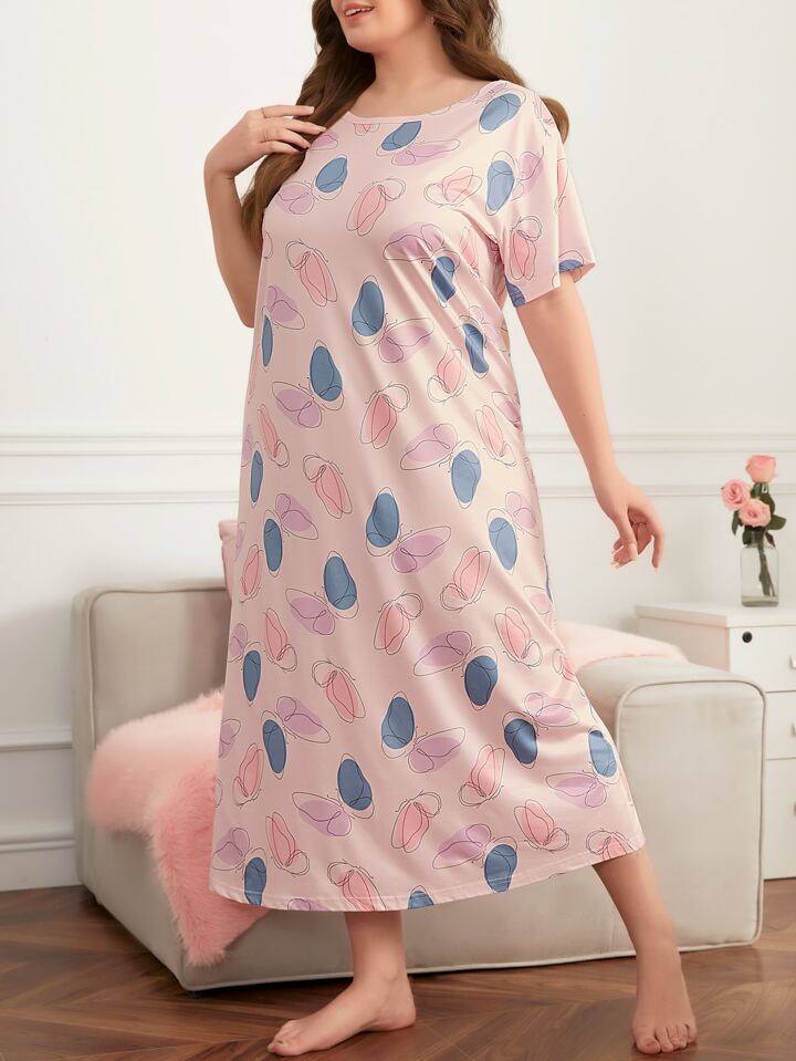 Plus Size Elegant Butterfly Print Nighty For Women
