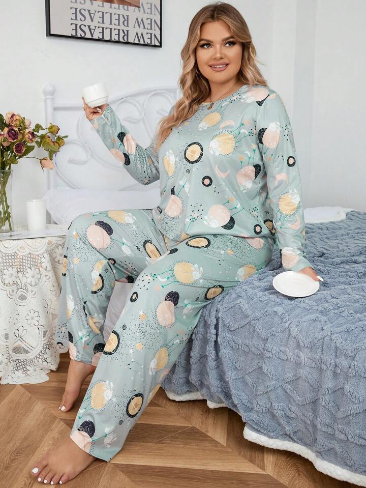 Plenets Cartoon Graphic Printed T-shirt And Long Pajama Set