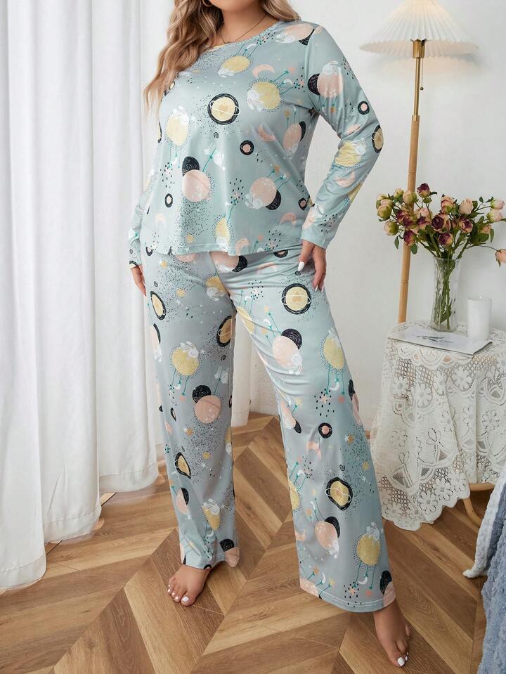 Plenets Cartoon Graphic Printed T-shirt And Long Pajama Set