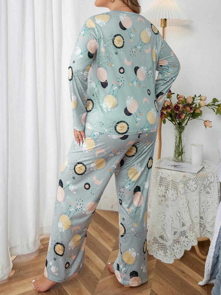 Plenets Cartoon Graphic Printed T-shirt And Long Pajama Set