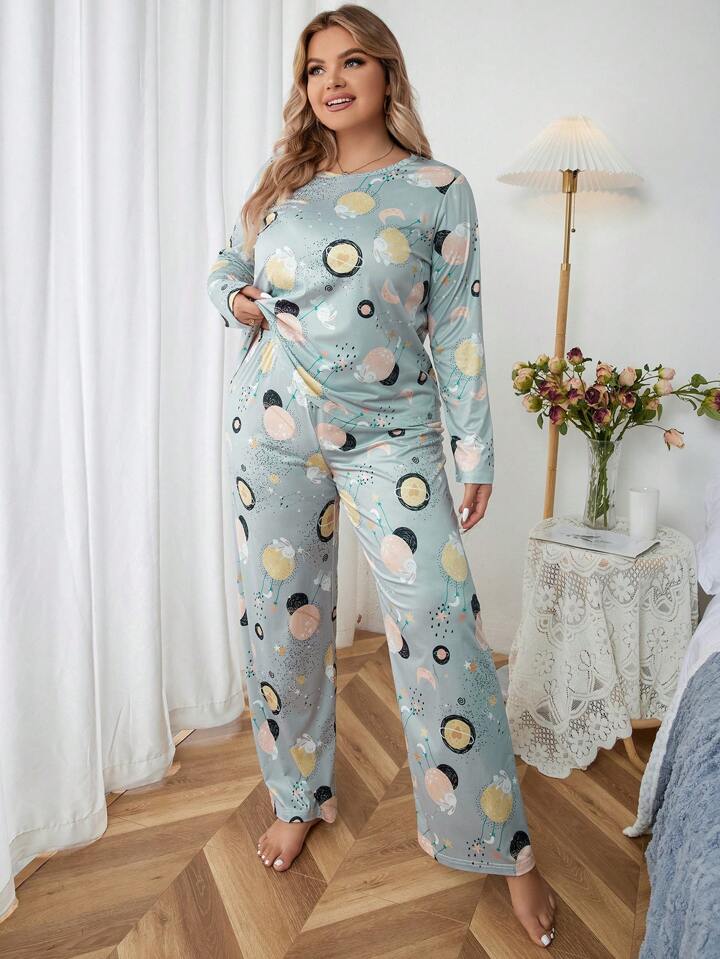 Plenets Cartoon Graphic Printed T-shirt And Long Pajama Set