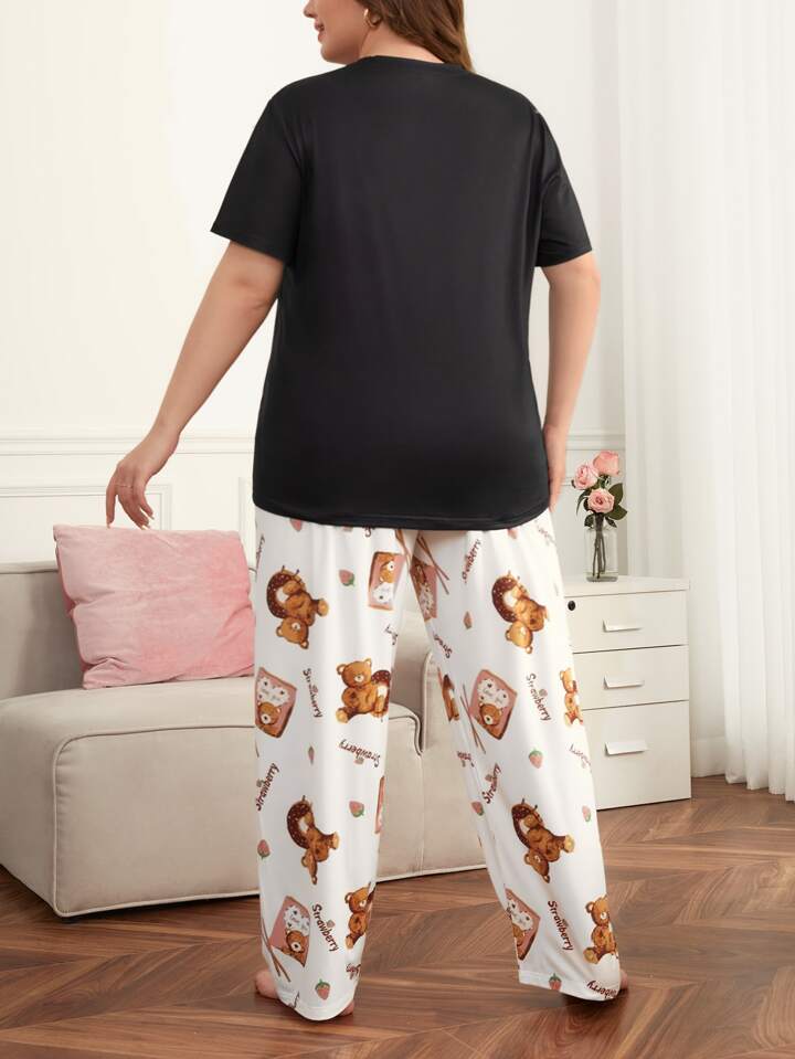 Honey Panda Cartoon Graphic Printed T-shirt And Long Pajama Set