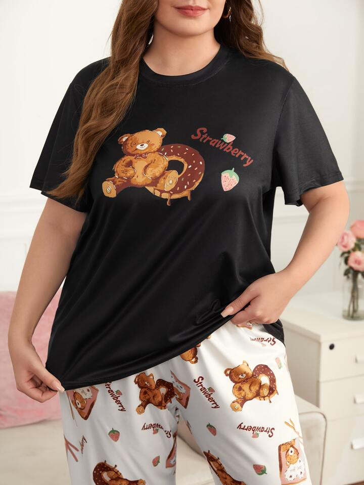 Honey Panda Cartoon Graphic Printed T-shirt And Long Pajama Set