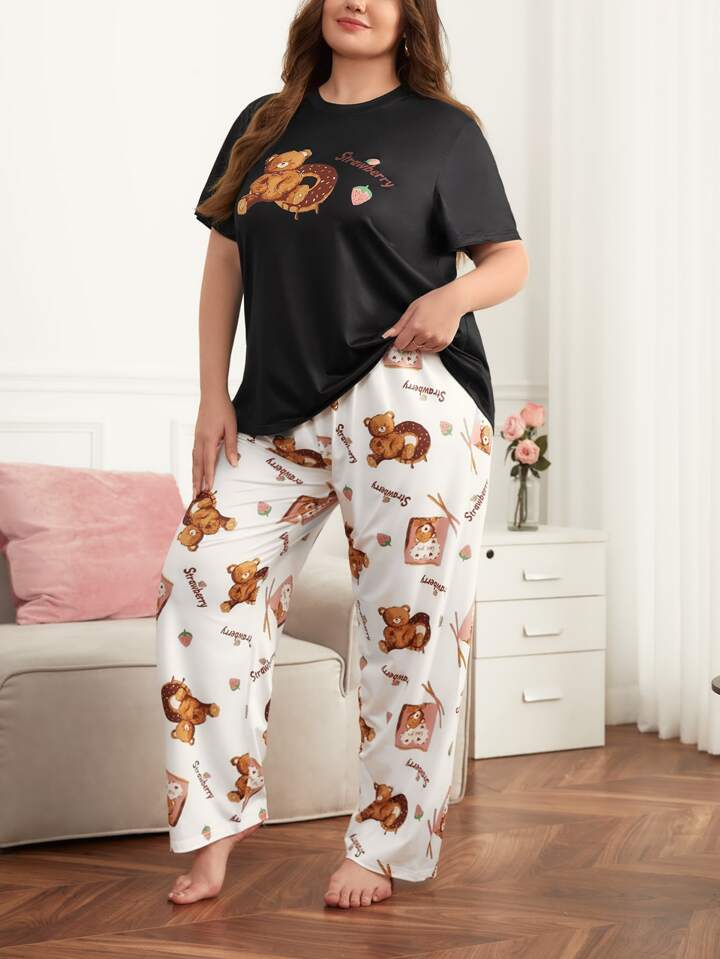 Honey Panda Cartoon Graphic Printed T-shirt And Long Pajama Set