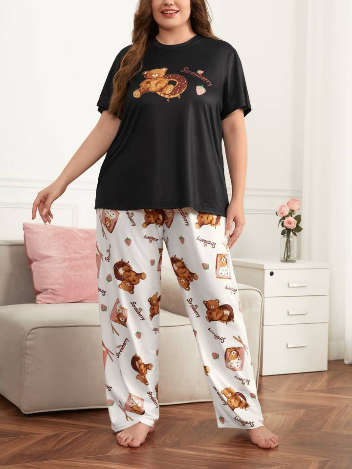 Honey Panda Cartoon Graphic Printed T-shirt And Long Pajama Set