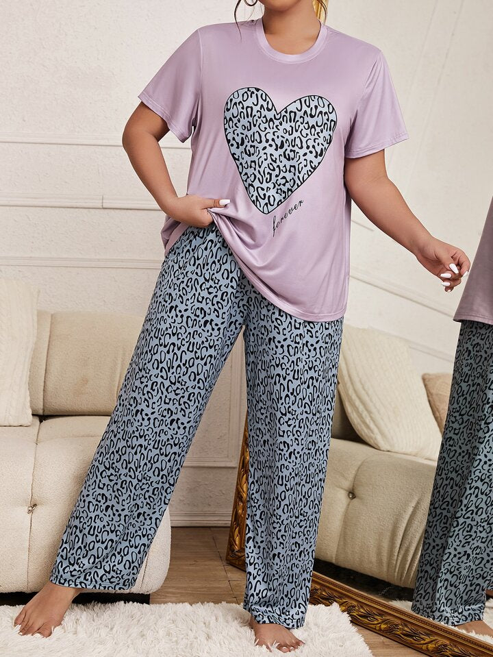 Plus Leopard & Heart Print Pyjama Set