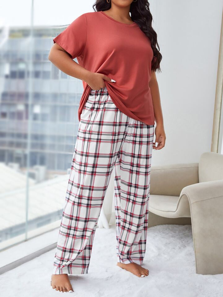 Red Plaid Print T-shirt Pyjama Set