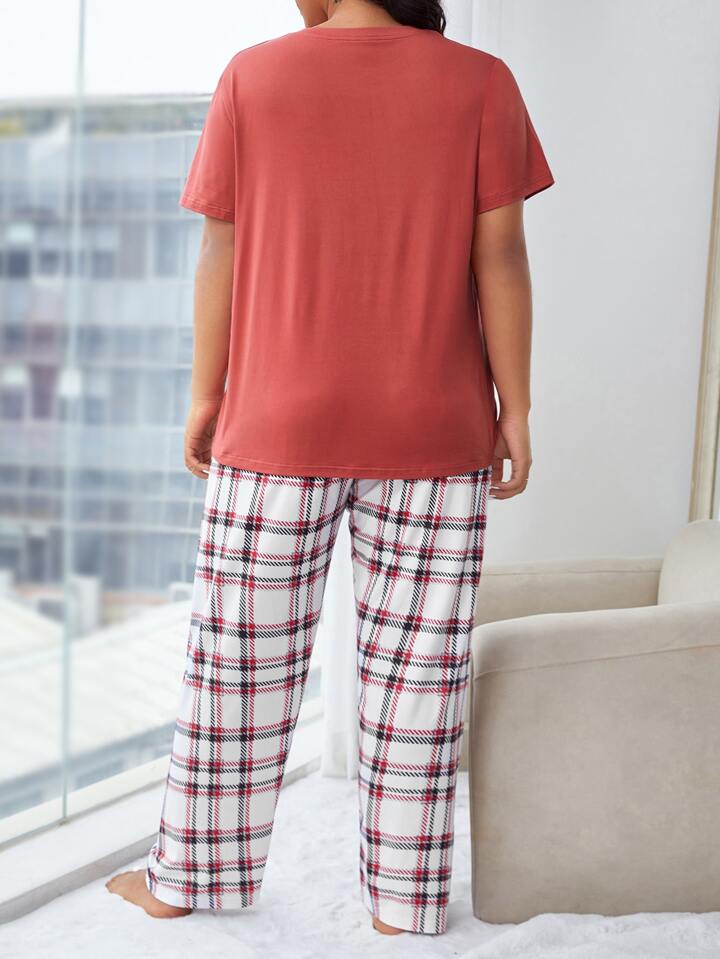 Red Plaid Print T-shirt Pyjama Set