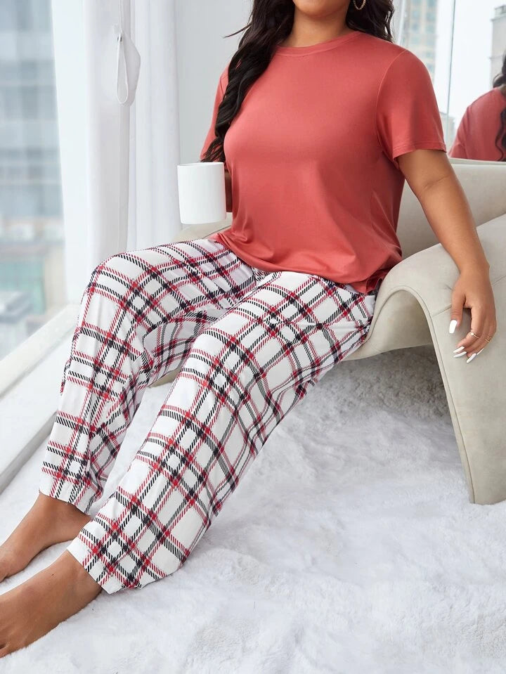 Red Plaid Print T-shirt Pyjama Set
