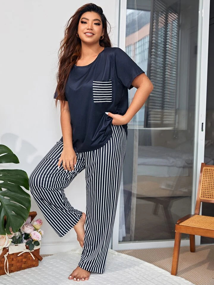Blue and White Casual Striped Pajama Sets