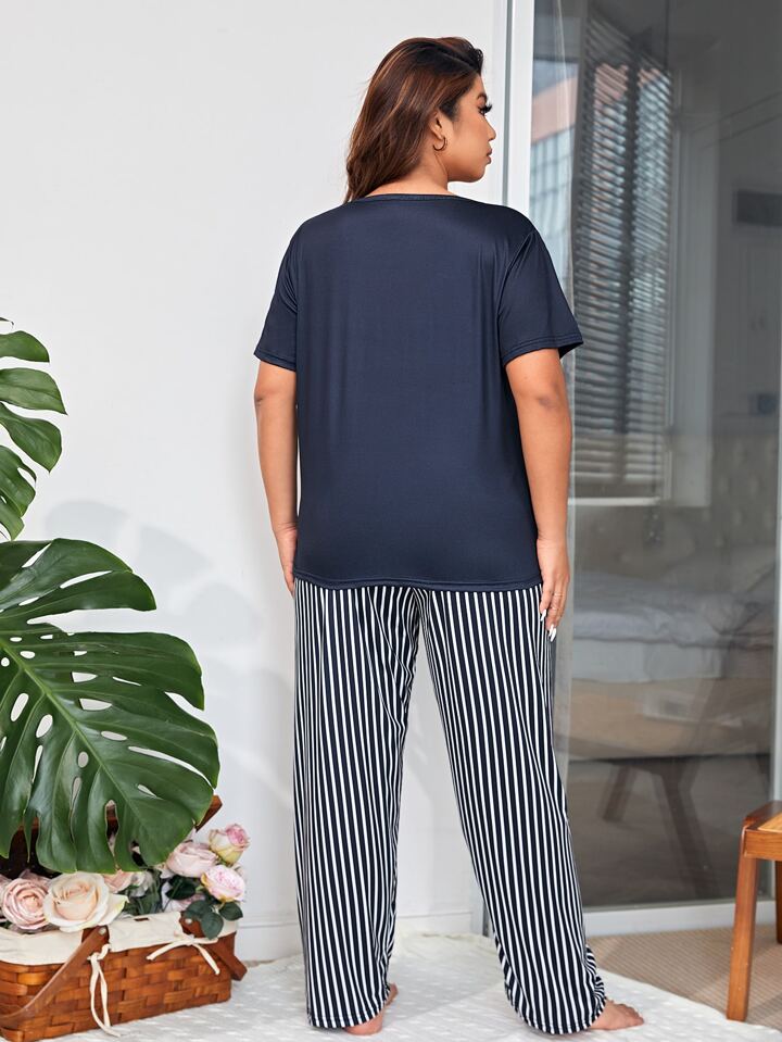 Blue and White Casual Striped Pajama Sets