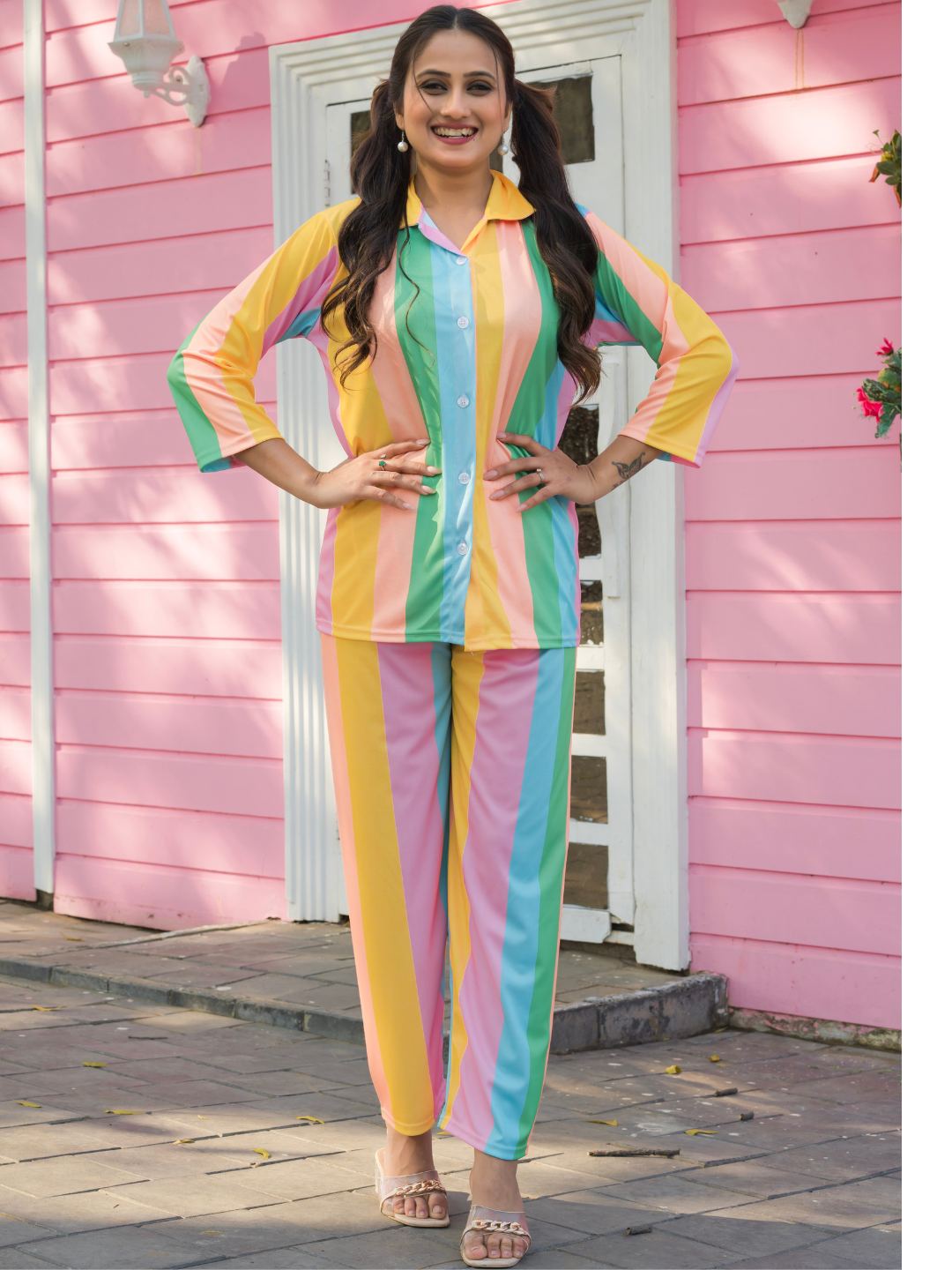 Partners Stripes Printed Green Pyjama Set for women