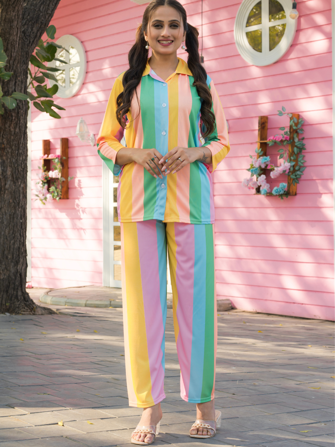 Partners Stripes Printed Green Pyjama Set for women