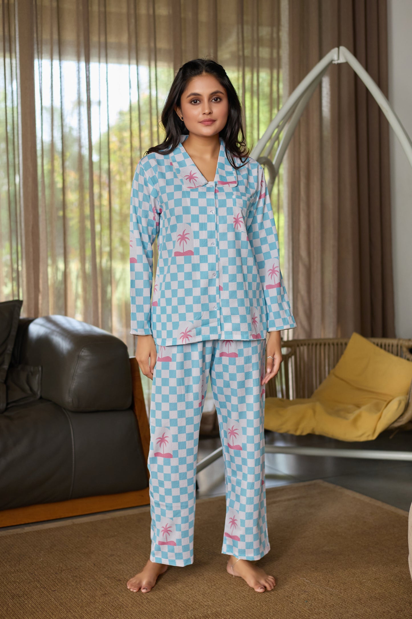 Women’s Nightwear Set in Bubble Fabric – Blue Checkered with Palm Print