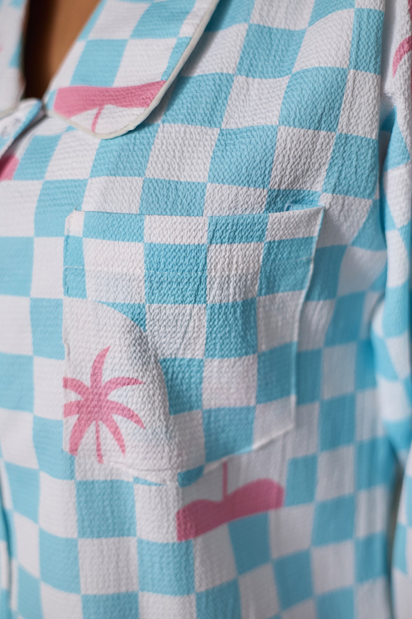 Women’s Nightwear Set in Bubble Fabric – Blue Checkered with Palm Print