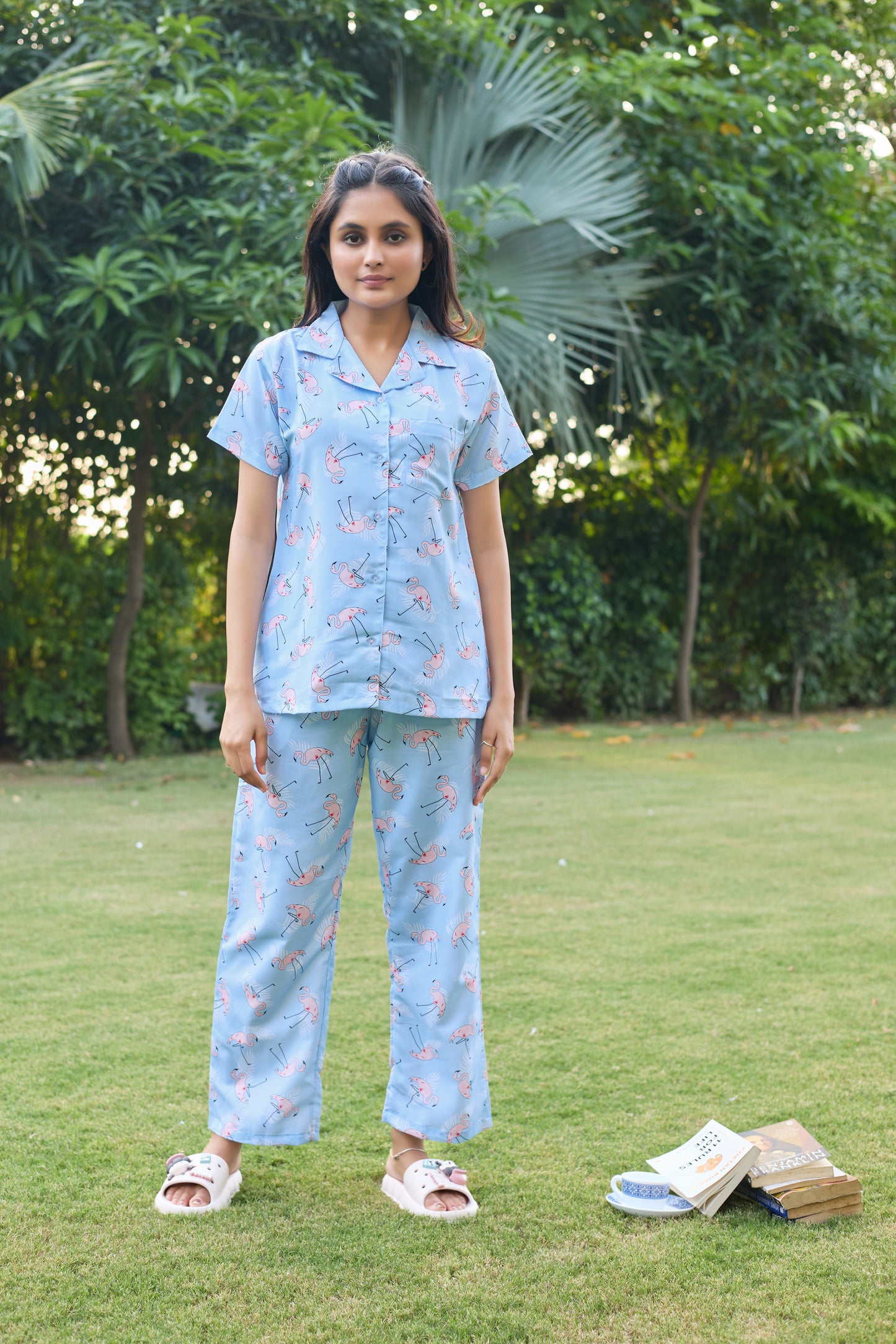 Light Blue Flamingo Print Women’s Nightwear PJ Set
