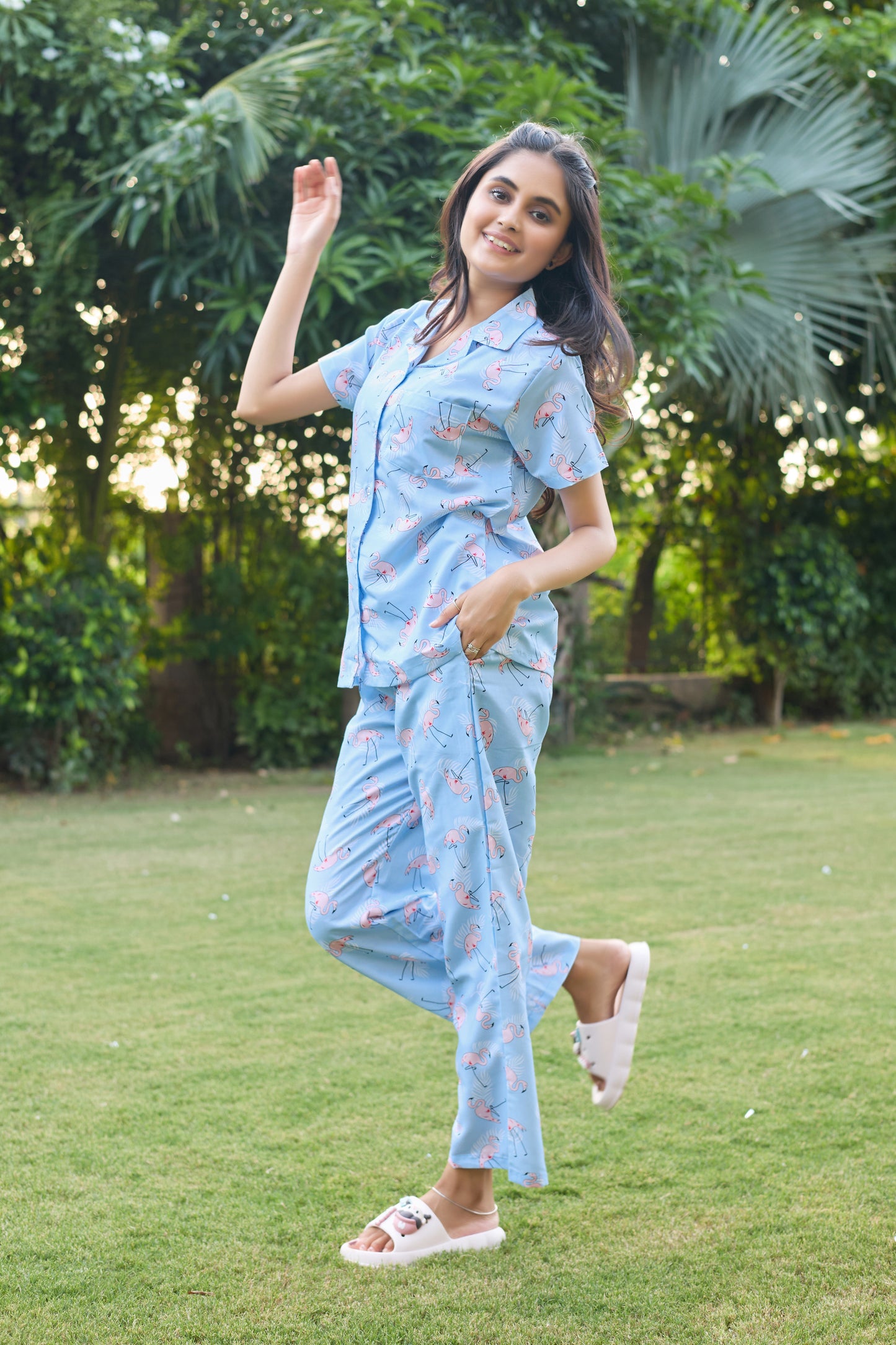 Light Blue Flamingo Print Women’s Nightwear PJ Set
