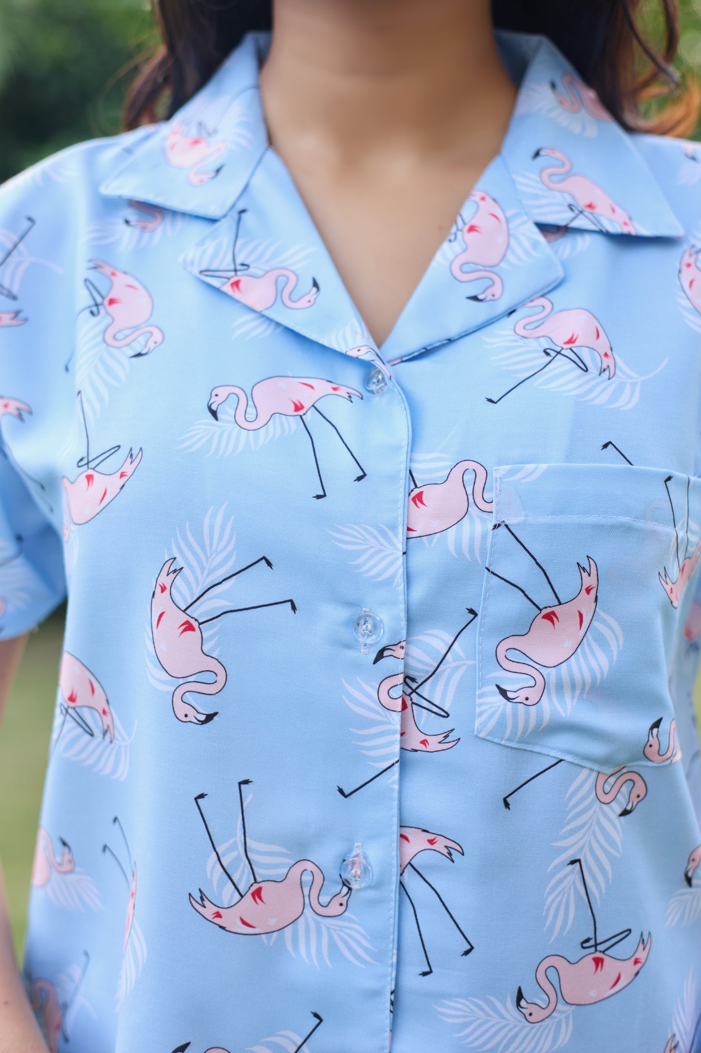 Light Blue Flamingo Print Women’s Nightwear PJ Set