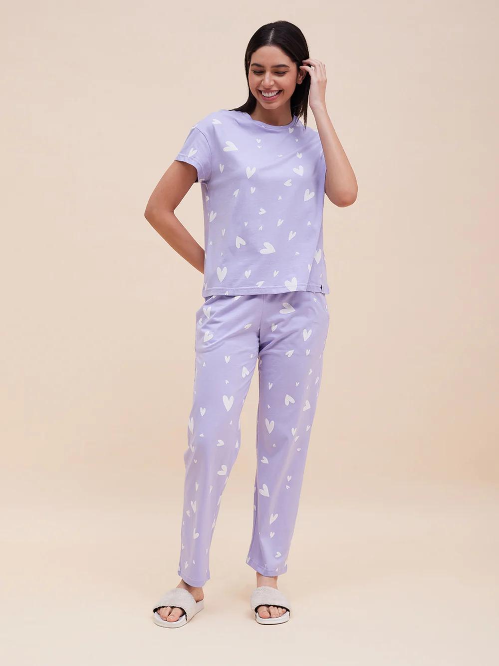 Purple cute Heart Printed Stylish Night Payjama-Set