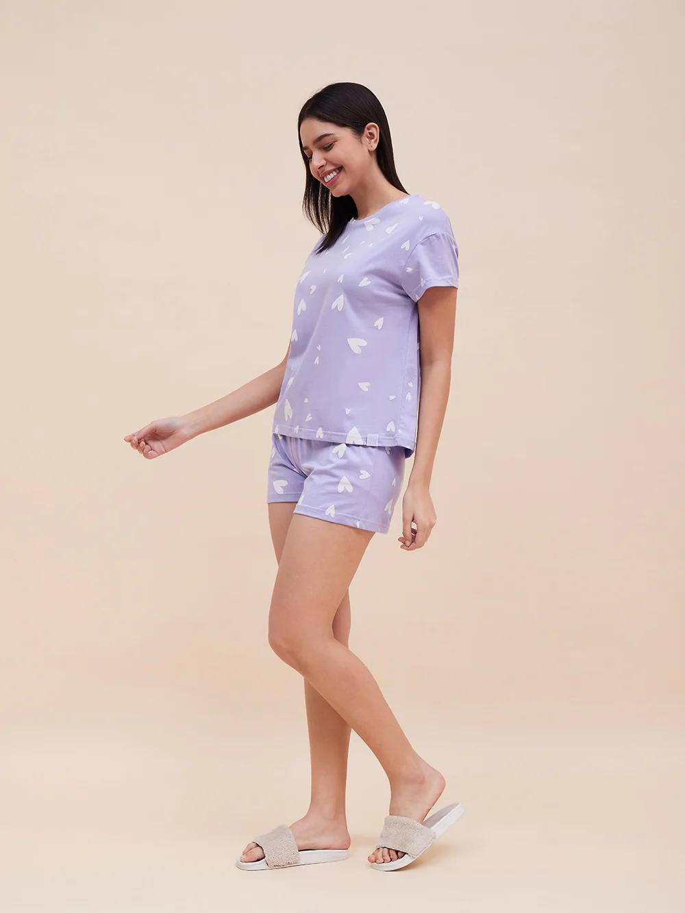 Purple cute Heart Printed Stylish Night short set