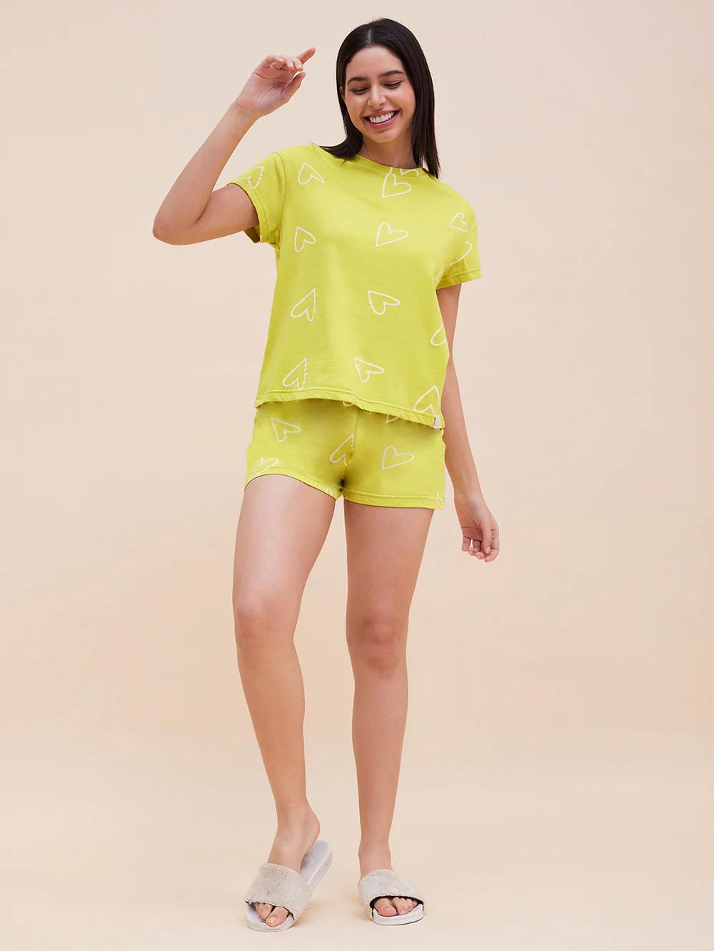 Sweet Dreams Women Yellow Heart Printed Night Short-set