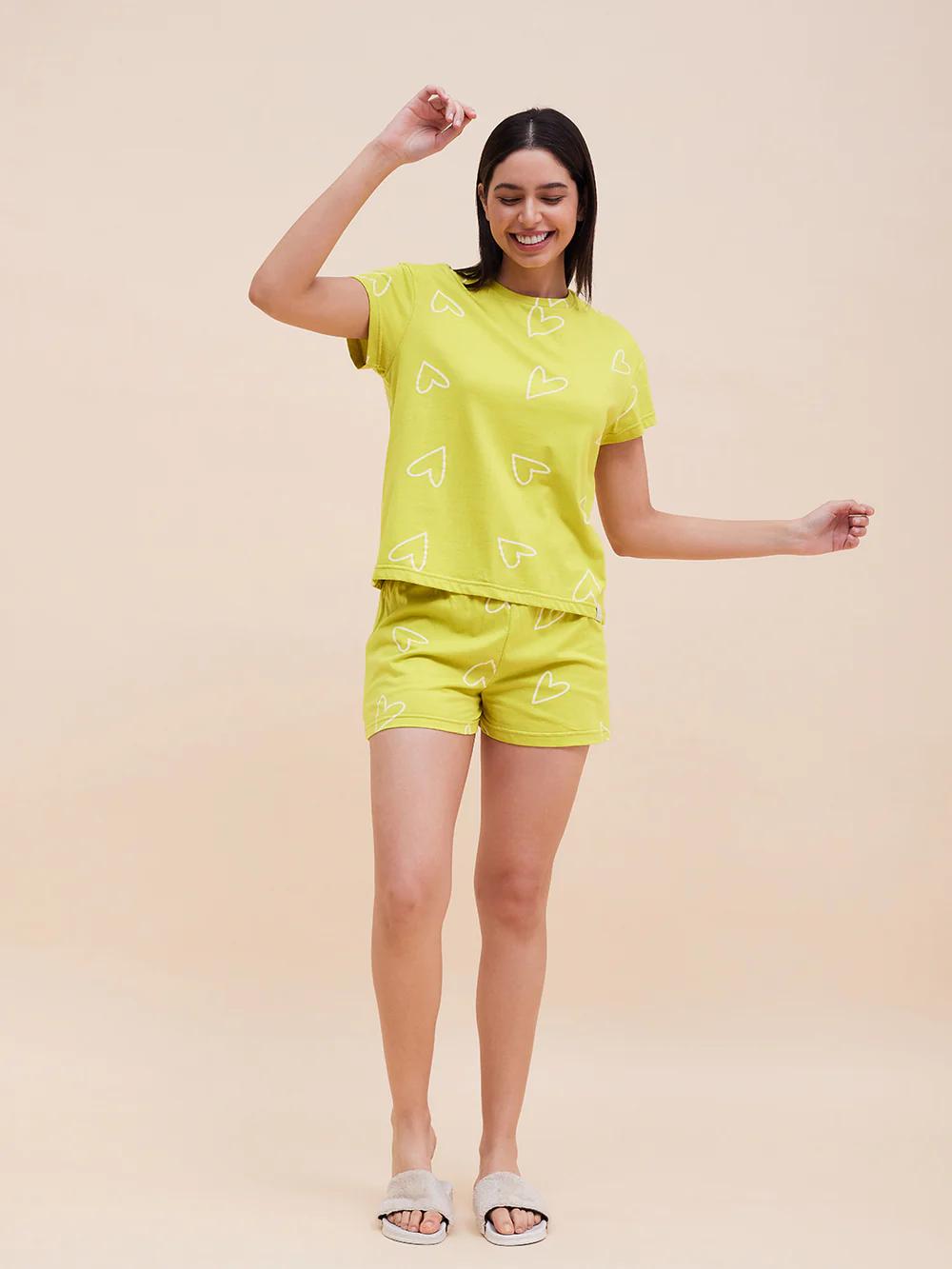 Sweet Dreams Women Yellow Heart Printed Night Short-set