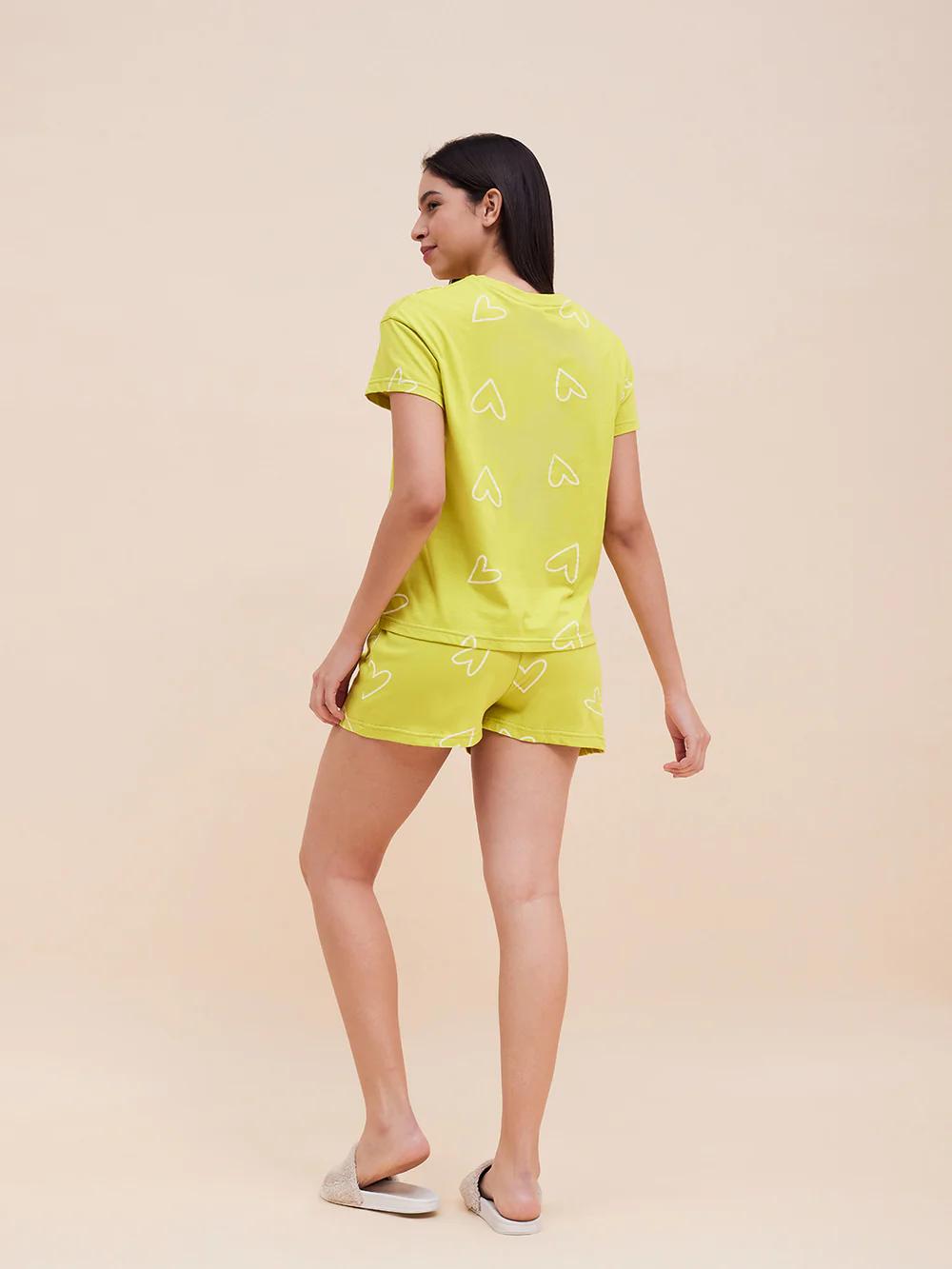 Sweet Dreams Women Yellow Heart Printed Night Short-set