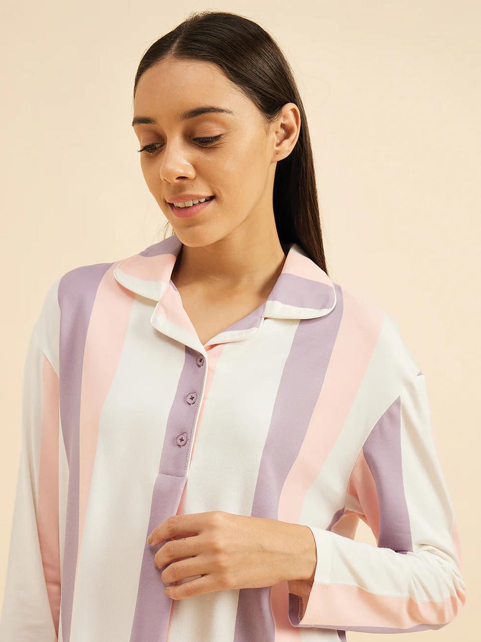 Women Lapel Collar Long Sleeves Striped Casual Night suit