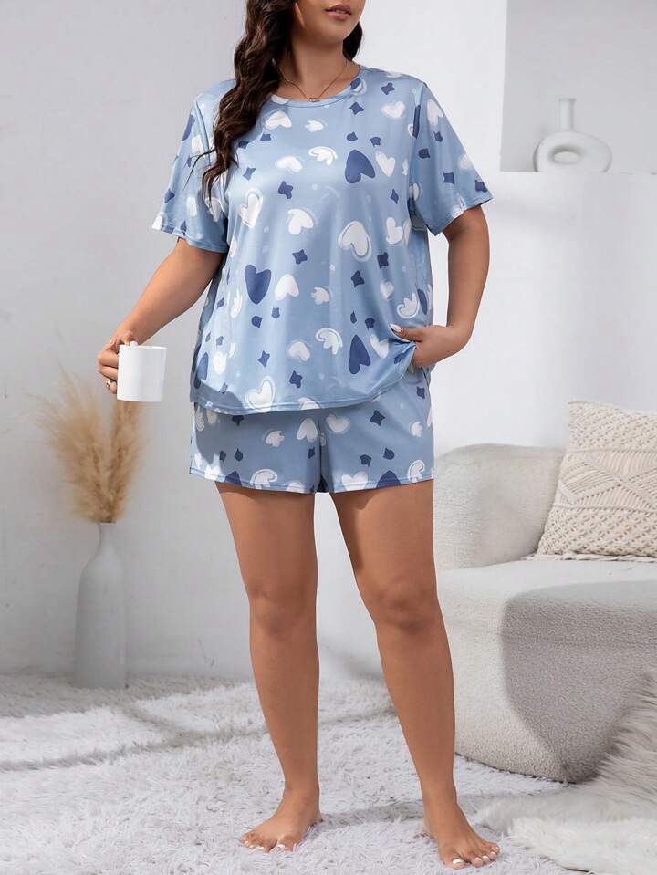 Plus Blue Heart Print Short-Set