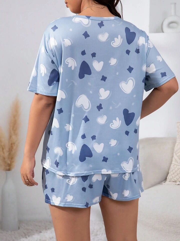 Plus Blue Heart Print Short-Set