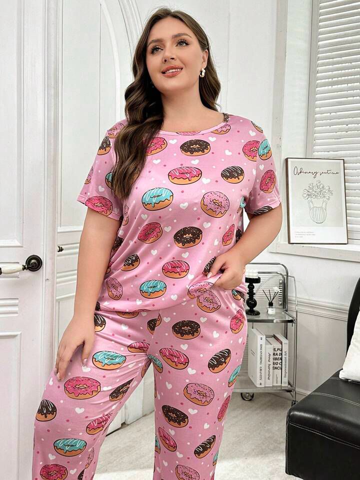 Plus Size Women Donut Print Round Neck Short Sleeve T-Shirt And Pants Pajama Set