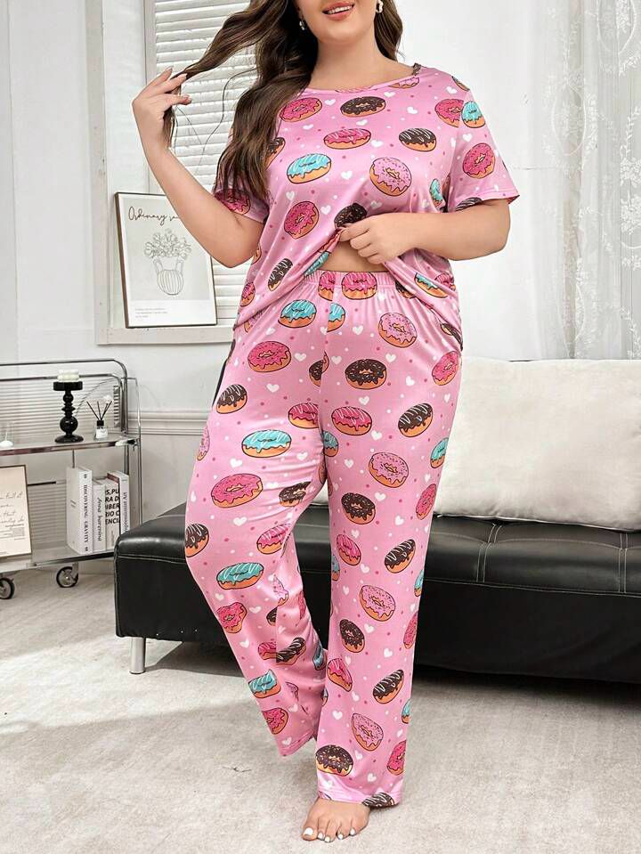 Plus Size Women Donut Print Round Neck Short Sleeve T-Shirt And Pants Pajama Set