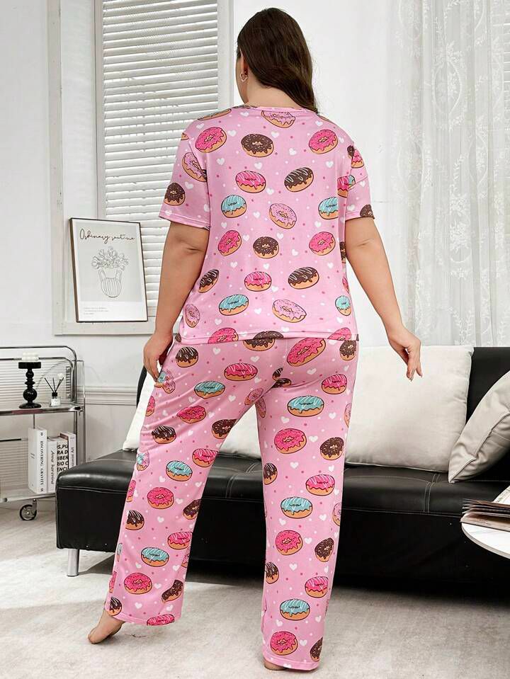 Plus Size Women Donut Print Round Neck Short Sleeve T-Shirt And Pants Pajama Set