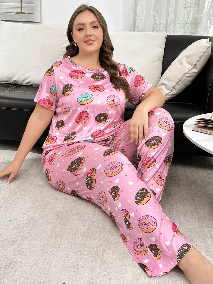 Plus Size Women Donut Print Round Neck Short Sleeve T-Shirt And Pants Pajama Set