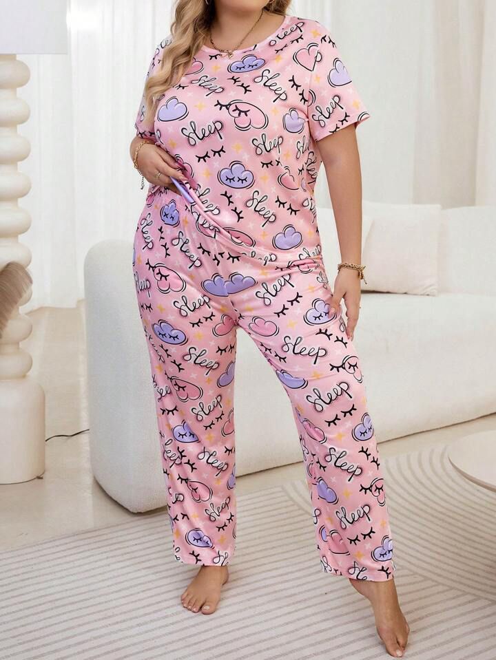 Women's Plus Size Pink Round Neck Cloud Print Pajama Set