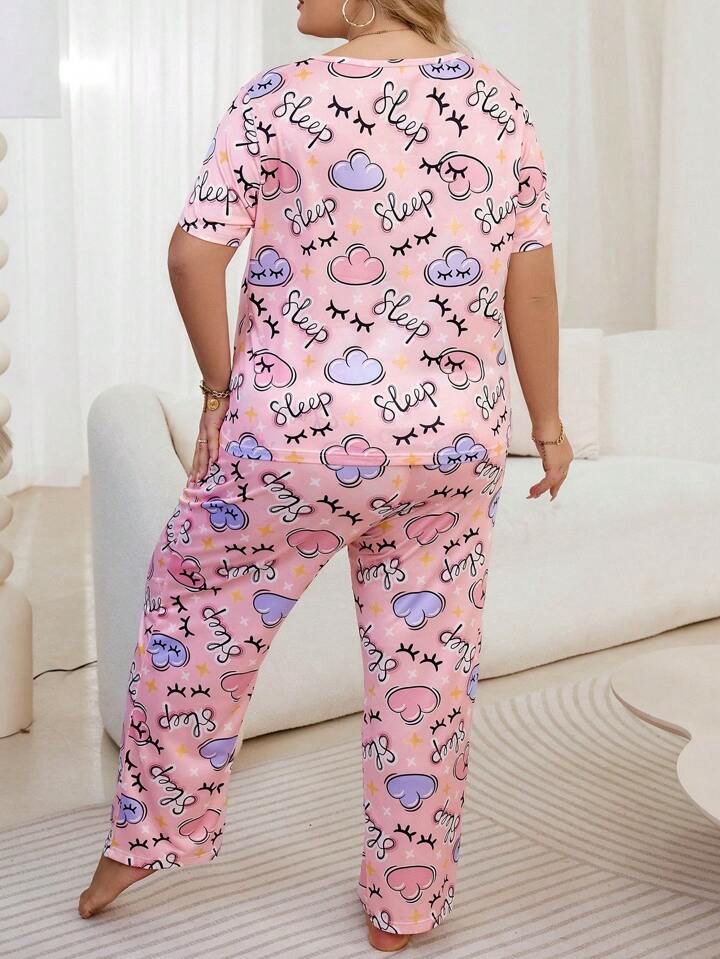 Women's Plus Size Pink Round Neck Cloud Print Pajama Set